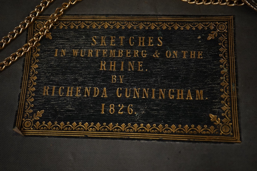 Miscellaneous items to include pen knives, a rosary bead necklace with paper label reading ‘said to have belonged to Mary Queen of Scots..’, a 19th century sketch book dated 1864 and lion head door knocker. Condition - v